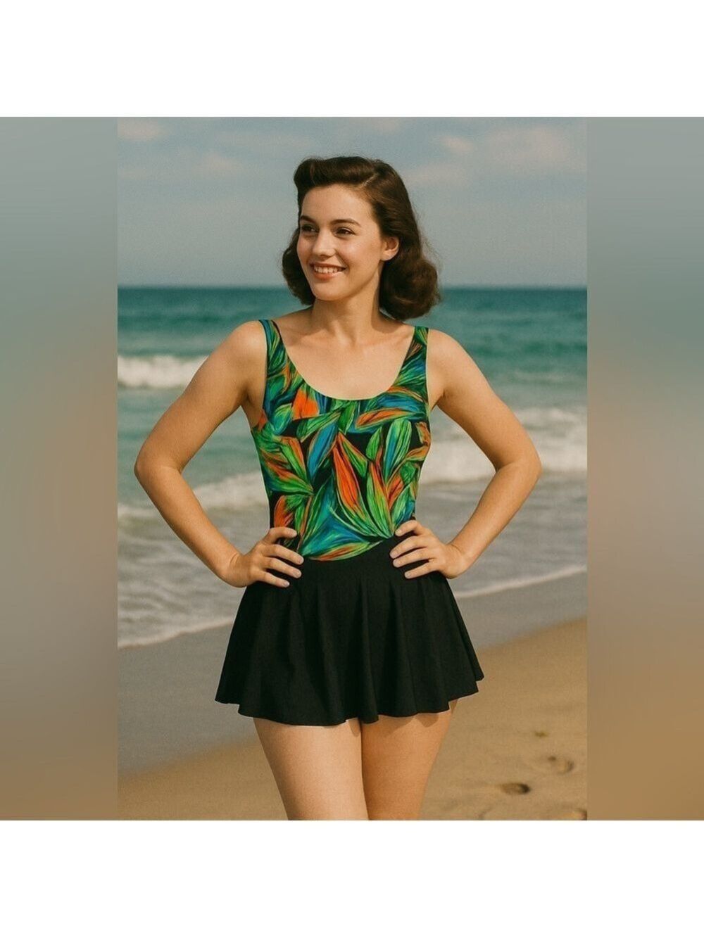Vintage Tropical Skirted One Piece Swimsuit Modest Size 8
